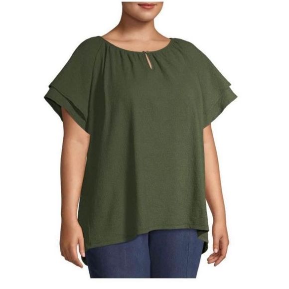 Terra‎ & Sky Forest Green Textured Ruffle Sleeve Peasant Top Comfy Spring NWT - Picture 5 of 6